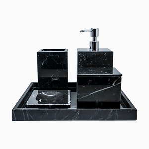 Complete Square Set for Bathroom in Black Marquina Marble, Set of 5