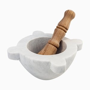 White Marble Mortar with Pestle in Wood