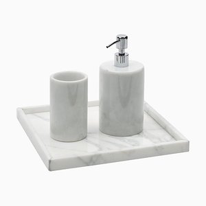 Set da bagno rotondo in marmo bianco di Carrara, set di 3