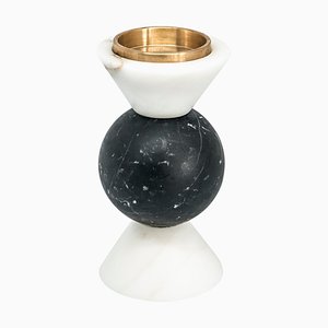 Short Round Two-Tone Candleholder in White Carrara and Black Marble