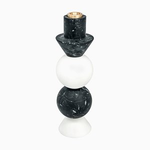 High Round Two-Tone Candleholder in White Carrara and Black Marble