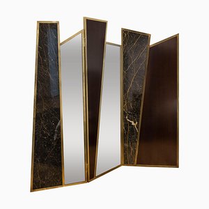 Paravent aus schwarzem Port Laurent Marmor, Kirschholz, Bronze & Spiegelglas