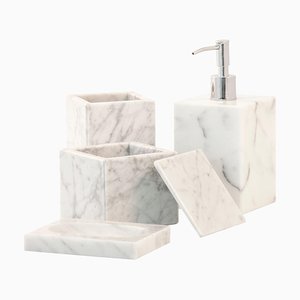 Set da bagno quadrato in marmo bianco di Carrara, set di 4