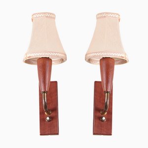 Danish Teak Wooden Wall Lamps with Original Shades, 1960s, Set of 2