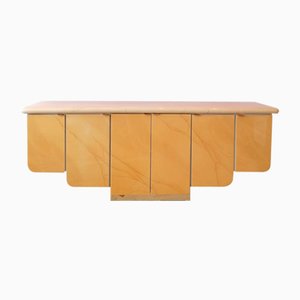 Postmodern American Stepped Sideboard in Marbled Honey Lacquer with Brass Plinth Base, 1980s