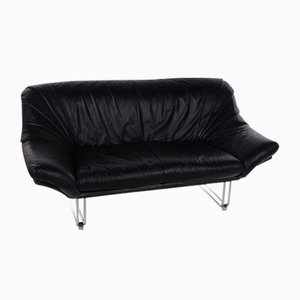 Italian Postmodern Black Leather 2 Seater Sofa, 1970s
