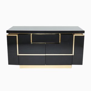 Brass Black Lacquered Sideboard Bar Cabinet by Jean Claude Mahey for Roche Bobois, 1970s
