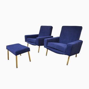 Vintage Blue Velvet and Brass Armchairs with Ottoman, 1950, Set of 3