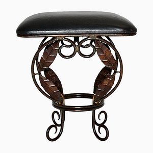Vintage French Iron Leaves Stool with Black Leather Seat, 1970s