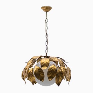 Gilded Florentine Ceiling Lamp with Opaline Glass Globe Shade, 1960s