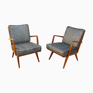 Set of Armchairs in Cherrywood & Blue or Silver Fabric from Knoll, Germany, 1950s