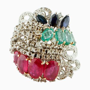 Ovaler Rubin, Ovaler Smaragd, Navette Blauer Saphir, Diamant & 18 Karat Gold Ring