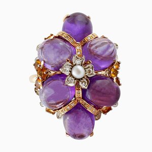 Diamond, Amethyst, Yellow Topaz, Pearl, Rose and White Gold Cluster Ring