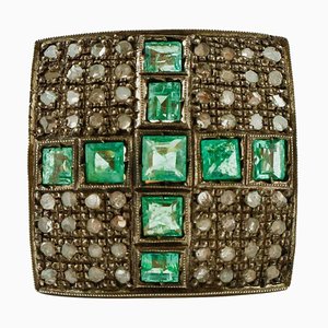 Emerald, Diamond, 9 Karat Rose Gold and Silver Cluster Ring