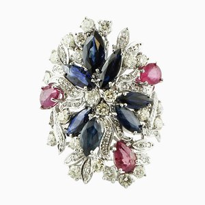 Rubin, Blauer Saphir, Diamant & Weißgold Fashion Ring