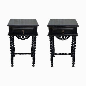 Spanish Carved High Nightstands with Solomonic Columns and Drawers, Set of 2