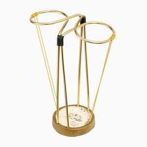 Mid-Century Cord-Wrapped Umbrella Stand in Brass & Iron, 1950s
