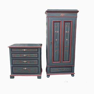 Wardrobe & Chest of Drawers with Hand Painted Foliage in Green, Set of 2