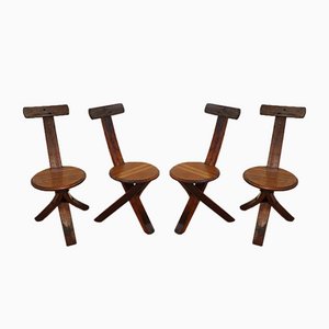 Brutalistische Dreibein Stühle aus Massivholz, 1960er, 4er Set