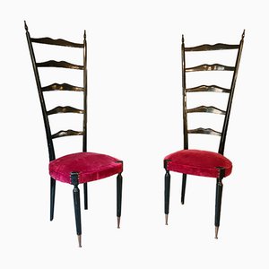 Large Italian Chairs in Black Lacquer with Brass Feet, Set of 2