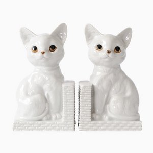 Serre-Livres Chat en Porcelaine Blanche, 1960s, Set de 2