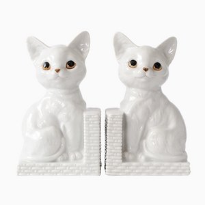 Weiße Katzen Buchstützen aus Porzellan, 1960er, 2er Set