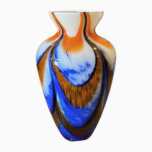 Jarrón Carlo Moretti Mid-Century moderno de cristal de Murano naranja y azul, años 70