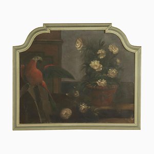 Bodegón con flores y loro, siglo XIX, óleo sobre lienzo, enmarcado