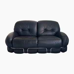 Space Age Italian Black Leather Loveseat Sofa by Adriano Piazzesi, 1970s