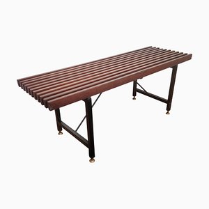 Mid Century Modern Italian Metal Cross Bar Base Wooden Slat Bench Coffee Table