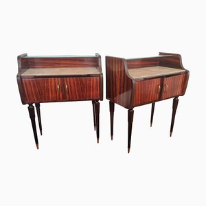 Mid Century Italian Art Deco Wood Brass and Glass Nightstands Bedside Tables, Set of 2