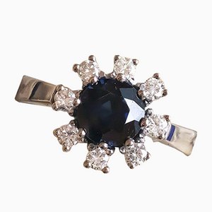 Vintage 14 Karat Weißgold Gänseblümchen Ring mit Saphir und Diamanten, 1960er