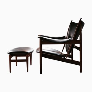 Chieftain Armchair and Stool in Wood and Leather by Finn Juhl, Set of 2