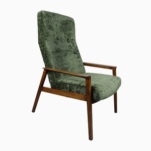 Vintage Green Olive High Velvet Armchair, 1970s