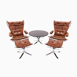Vintage Danish Chrome & Leather Superstar Lounge Chairs, Ottomans & Table Set, Set of 5