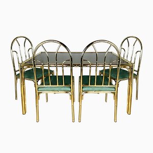 Französische Vintage Esszimmerstühle und Tisch aus Messing & Kunstbambus, 1970er, 5er Set