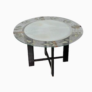 Vintage Round Glass Coffee Table with Leaf Pattern, 1950s