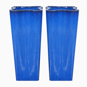 Blue Enamelled Terracotta Vases, Set of 2