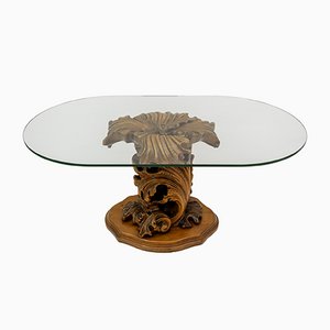 Tavolino da caffè Mid-Century moderno con base in legno intagliato
