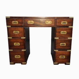 Military Campaign Leather Topped Kneehole Desk with Brass Handles and Finishes