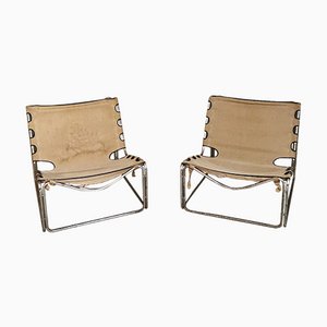 Mid Century French Chromed Metal and Canvas Armchairs by Pascal Mourgue, 1960s Set of 2