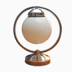 Lámpara de mesa Art Déco de cromo y vidrio lechoso, años 20