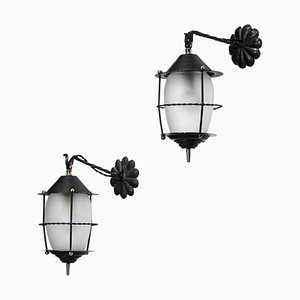 French Lanterns in Lacquered Metal and Frosted Glass, Set of 3