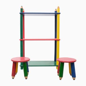 French Multicolored Bookcase & Stools by Pierre Sala, 1980, Set of 3