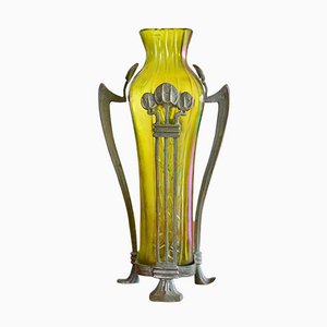 Vase Art Nouveau en Verre avec Support en Bronze