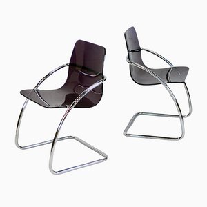 Set of French Tubular Steel Mauve Acrylic Glass Chairs by Yves Christin for Airborne, 1970s