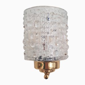 Swedish Wall Lamp with Brass Frame and Textured Crystal Glass, 1960s