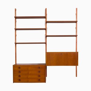 Danish Teak Wall Unit with Secretaire, Chest of Drawers and 5 Shelves in the Style of Cadovius, 1970s