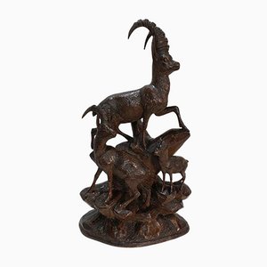 Group of Ibexes in Carved Wood, Black Forest, 1920s