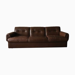 Mid-Century Stitched Brown Leather 3-Seater Sofa